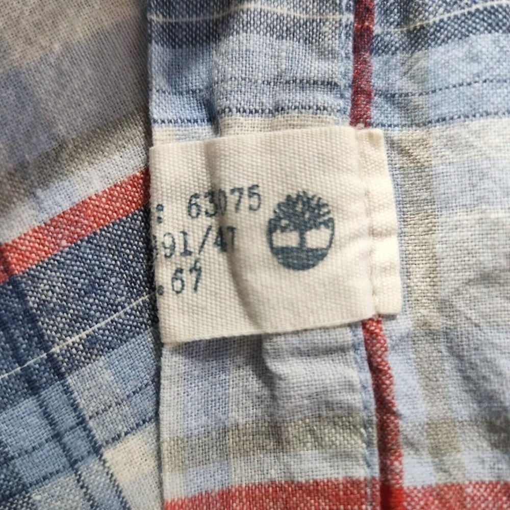 Timberland Linen‎ Blend Shirt Men's Large Blue Plaid Short Sleeve Button Front - Picture 4 of 8